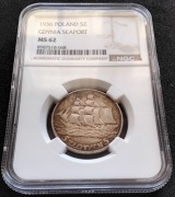 5 ZŁOTYCH 1936 ROK - ŻAGLOWIEC - NGC MS 62