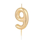 Świeczka cyfra "9", złota połysk, 6 cm, PartyPal