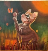 Rudy kot jesienią obraz ręcznie malowany 