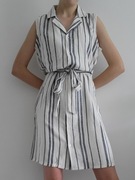Letnia zwiewna lekka koszulowa lniana sukienka przed kolano w paski