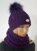 Czapka zimowa ręcznie robiona na drutach z futrzanym pomponem plus otulacz 