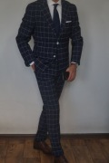 PAWO 170/96/96 Granatowy Garnitur W Białą Kratę Jednorzędowy Elegancki 