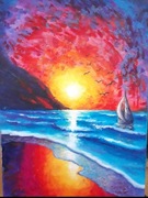 A. Maj. DUŻY OBRAZ OLEJNY 70x50cm Żaglówka i zachód