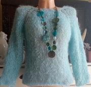 Ręcznie robiony handmade sweter 40 42 70% kid mohair 100cm pachy baby blue