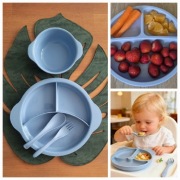 ZESTAW NACZYŃ DLA NIEMOWLAKA TALERZYK Z PRZEGRÓDKAMI MISECZKA I SZTUĆCE 