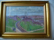 Obraz olej pejzaż z torami kolejowymi 