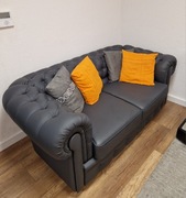 Kanapa szara pikowana skórzana 185 cm x 90 cm 4 poduszki