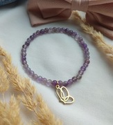 Bransoletka z ametystu ze złotą zawieszką motylkiem ze stali szlachetnej