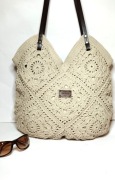Torebka Handmade Bawełna Boho Shopper Beżowa Duża Pojemna Podszewka