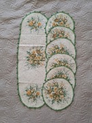 Vintage zestaw serwetki podkladki PRL kwiaty materiał lniany retro 