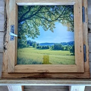 Stare  rustykalne okno z pejzażem obraz szafka 
