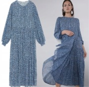 ZARA sukienka z nadrukiem i falbanami, niebieska, styl boho, r.S