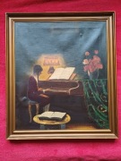 Stary obraz na płótnie O. Balken ,,dziewczynka z fortepianem ,,  .