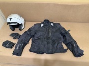 Ubrania motocyklowe, kurtka, rękawice i kask