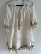 Sukienka boho biała hiszpanka frędzle  haftowana pompony koraliki festiwal 