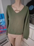 XL 42 wełna zielony dzianinowy sweter wełniany zimowy na zime do pracy boho