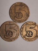 161#N 3 MONETY 5 ZŁ 1975.1976.1977 BEZ ZNAKÓW MENNICZYCH .