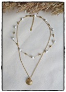 Podwójny łańcuszek biały kamień złocona stal nierdzewna ZAWIESZKA muszla 