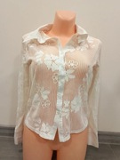 Biała prześwitująca bluzka w kwiatki, długi rękaw, koszula damska