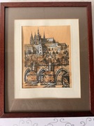 Grafika Artystyczna Praga 1982 Sygnowana Oryginał w Ramie Mahoniowej Unikat