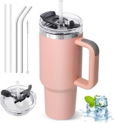 ZAKVOP Kubek termiczny ze słomką 1200ml Różowy + Zestaw słomek i czyścik 