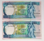 Banknot 5 lira Malta (1967) P.42 XF Rzadki