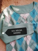 Miętowy wiosenny sweter merino romby lekki oversize Vintage S M 36 38