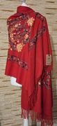 Piękny szal boho haft 50%kaszmir 50% wełna duży rozmiar 200x70 cm czerwony 