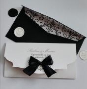 Zaproszenia ślubne eleganckie czarno-białe z kokardą Personalizowane RSVP