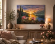 Duży obraz olejny 60x80 – róże o zachodzie słońca – ręcznie