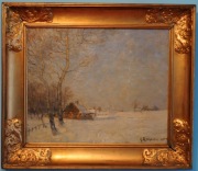 Antyczny obraz olejny 1912 Anders Björkholm zimowy pejzaż w złotej ramie