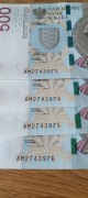 4x Banknoty 500zl Nr po kolei seria AM z 2017r