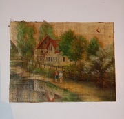 Obrazek olejny na płótnie scena wiejska z domem