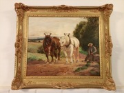 Olej na płótnie Karl Mohr (1922–2013) szkoła düsseldorfska Konie po orce