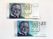 Dwa banknoty 20 marek Finlandia Markkaa 1993