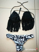 kostium kąpielowy dwuczęściowy bikini frędzle czarno-biały L