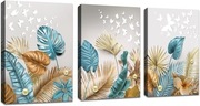 3-Częściowy Obraz na Płótnie - Egzotyczne Liście w Odcieniach Niebieskiego