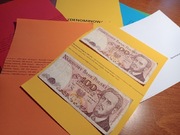 2 x oryginalny banknot PRL 2 x 100 zl i ilustracje 2x antyrama A5 prezent 
