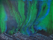 Ręcznie malowany obraz strukturalny kraobraz góry zorza polarna zieleń