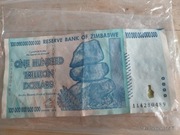 Kultowy Banknot inflacji z Zimbabwe, 100 trylionów dolarow 2008 negocjacja