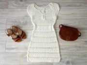 H&M SUKIENKA BIAŁA DZIERGANA KRÓTKA MINI AŻUROWA LETNIA BOHO SZYDEŁKOWA XS