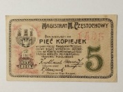 Banknot 5 kopiejek 1916r. Częstochowa-Magistrat Miasta Częstochowy-stan UNC