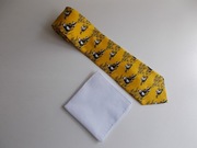 Krawat żólty w misie Panda. Naturalny jedwab. Poszetka gratis.