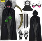 Kostium Grim Reapera z peleryną, maską, rękavicami i kosą – Dorosły/Dziecko