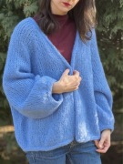 Kardigan oversize S/M alpaka z jedwabiem – rękodzieło, niebieski, fluffy,