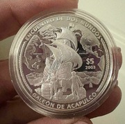 Srebrna moneta Meksyk 5 Pesos Galeon Acapulco 2003 Proof  srebro Ag 