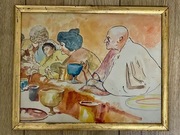 Obraz (uczta) - malowany akwarelą, sygnowany, w złotej ramie