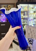 Wazon kolorowe szkło, kobaltowy flakon retro z falbanką, prl? Krosno?