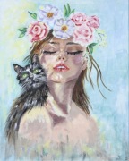 obraz olejny 40x50, dziewczyna kot i kwiaty, na prezent. Do salonu.