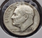 1953 Philadelphia 10 cen One Dime Srebro Ag900